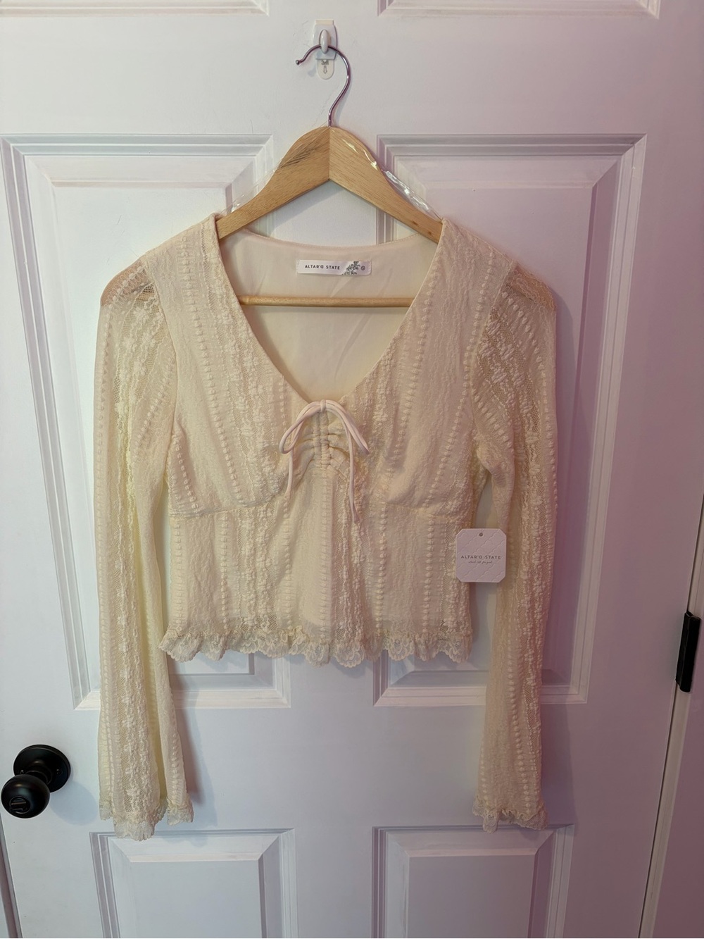 Altar'd State Cream Lace-Trim Tie-Front Long Sleeve Crop Top